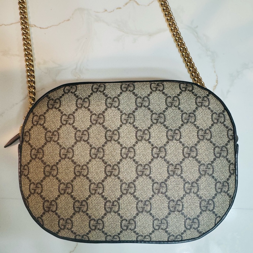 Gucci Beige and Brown GG Supreme Canvas Crossbody with Gold Chain